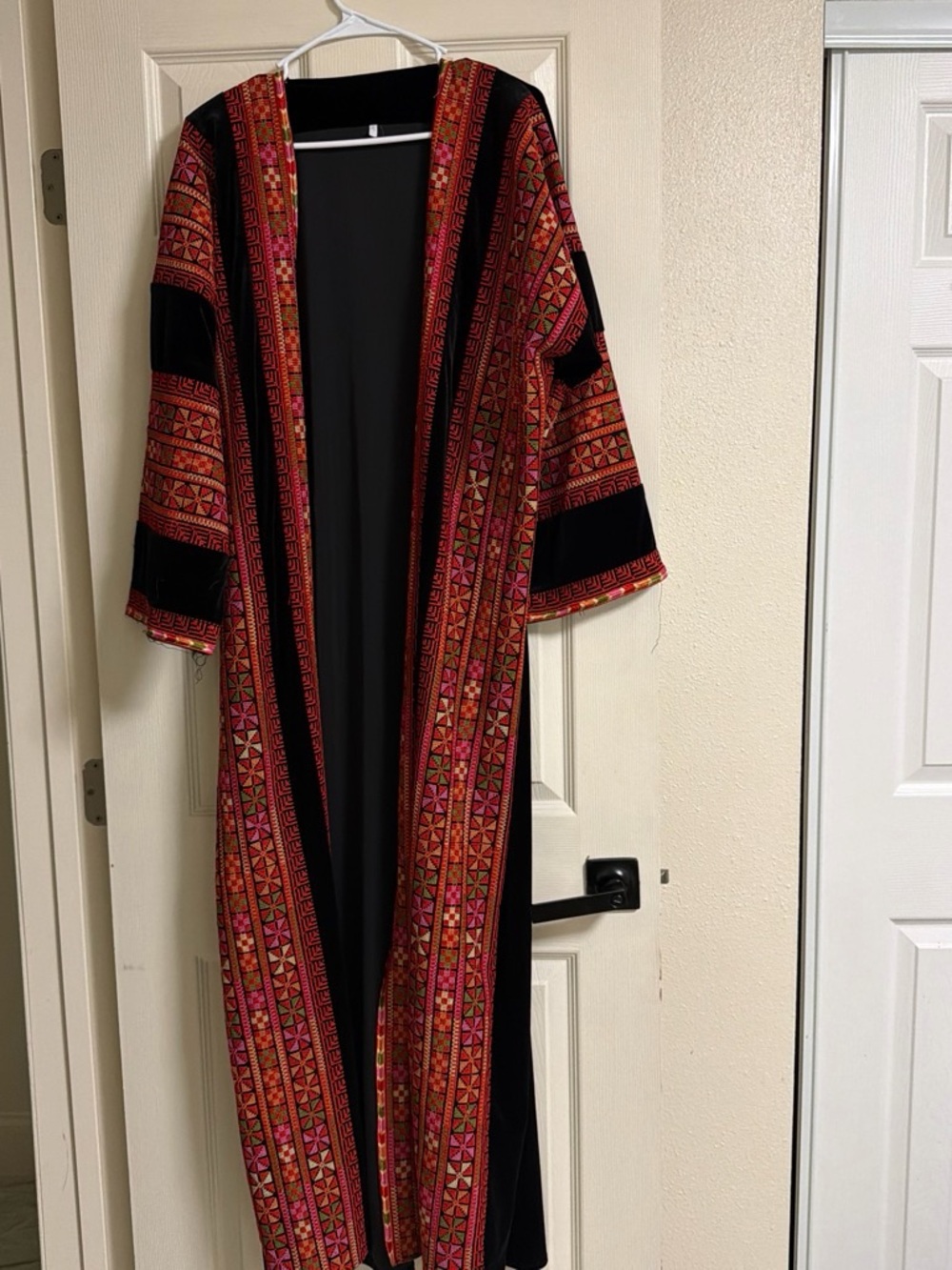 Black Open-Front Embroidered Long Cardigan with Pink & Red Accents